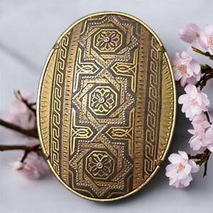 Vintage Geometric Spanish Damascene Oval Brooch - Gold-Tone, Trombone Clasp